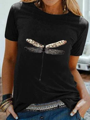 Casual Dragonfly Print Short Sleeve T-shirt Tops