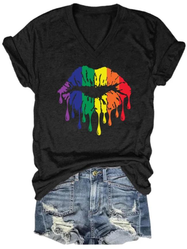 Lgtb Gay Lesbian V-Neck T-Shirt Rainbow Lip Tee