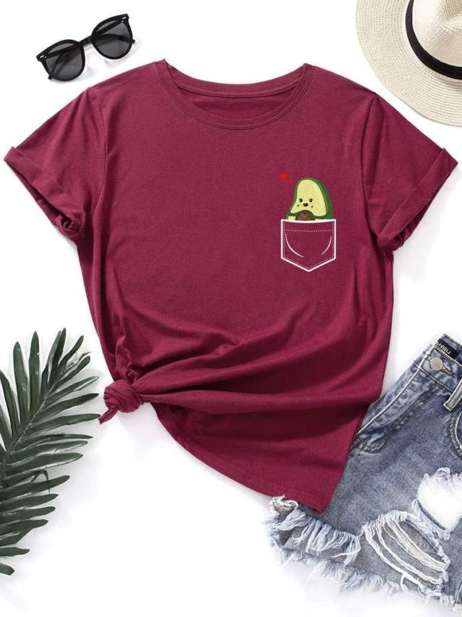 Funny Avocado Pattern Graphic Tee Women Round Neck Letter T-shirt