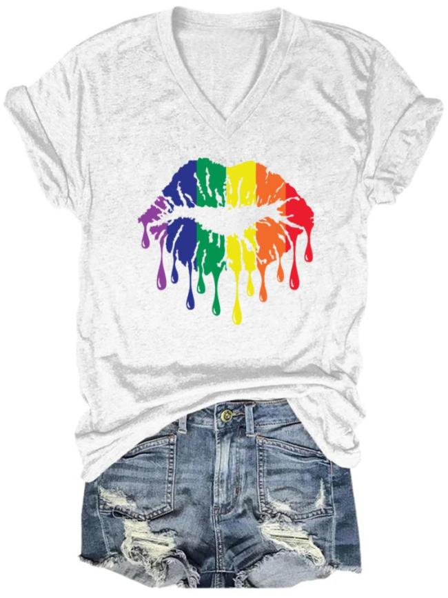 Lgtb Gay Lesbian V-Neck T-Shirt Rainbow Lip Tee