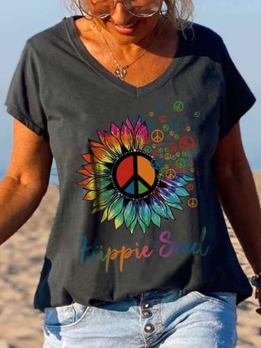Hippie Soul Peace Flower Women’s V-neck Tees