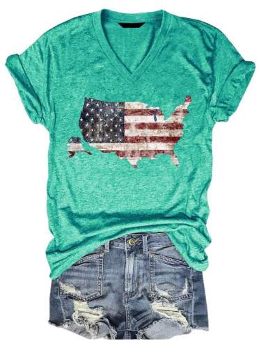 American Flag Map Tee Women Casual Short Sleeve V Neck T-shirt