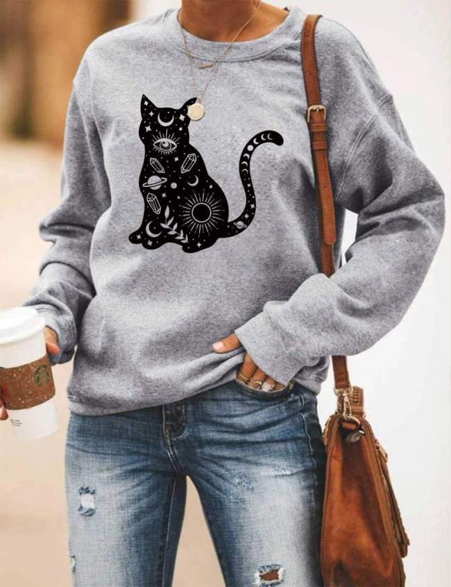 Moon Cat Print Women's Long Sleeve Casual Sweatshirt