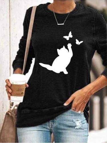 Cat Playing With Butterflies Print Casual Sweatshirt