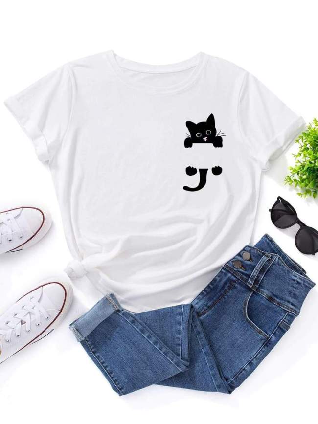 Funny Cat Graphic Short-Sleeve Tee Women Round Neck Letter T-shirt