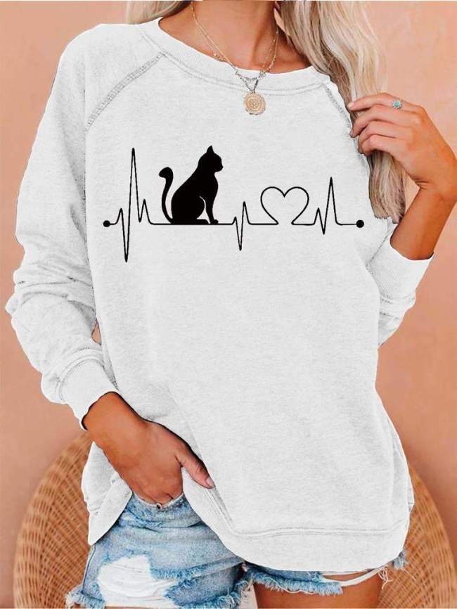 Cat Heart Beat Print Casual Raglan Sleeves Sweatshirt