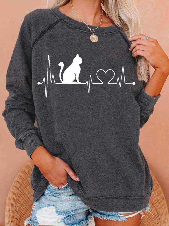 Cat Heart Beat Print Casual Raglan Sleeves Sweatshirt