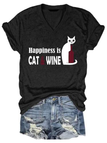 Happiness Is Cat And Wine V-Neck T-Shirt