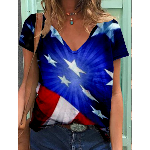 4th of July Shirt American Flag Print American Stars And Stripes Flag V-Neck Tee