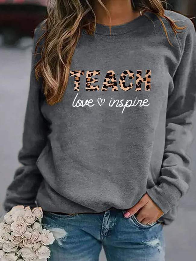 Teach Love Inspire Leopard Print Simple Style Crew Neck Sweatshirt