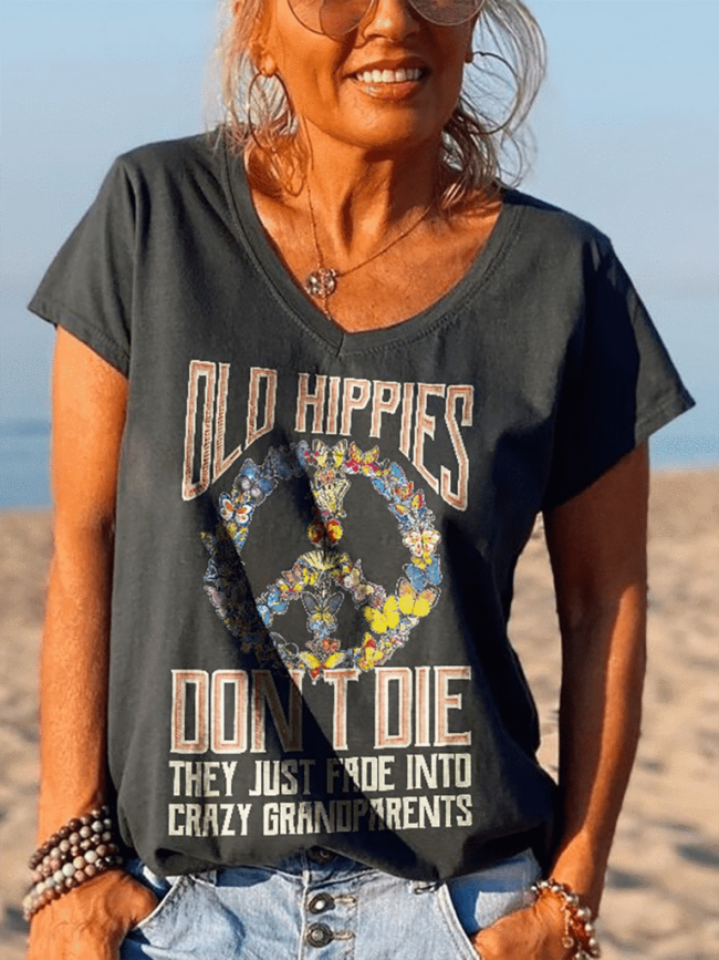 Butterflies Peace Old Hippies Don't Die V-neck Graphic Tees