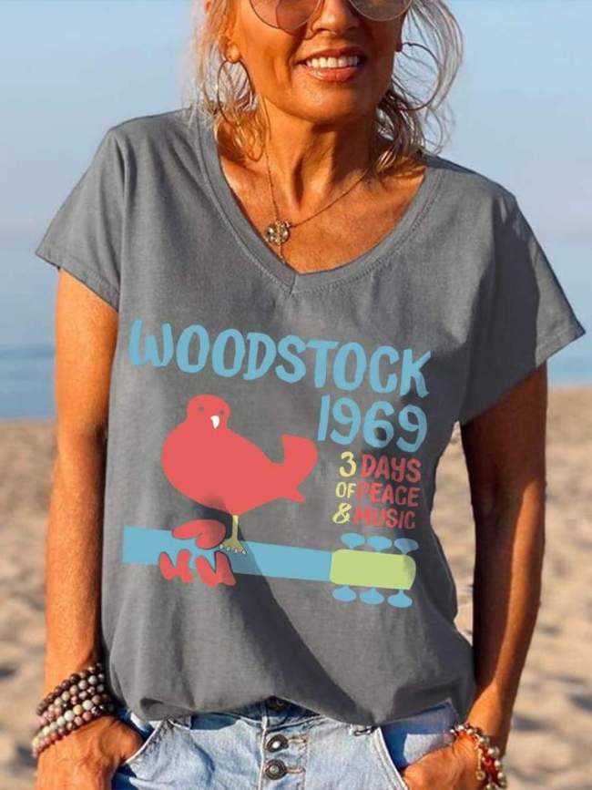 Hippie Music Festival Bird Printed V-neck T-shirt