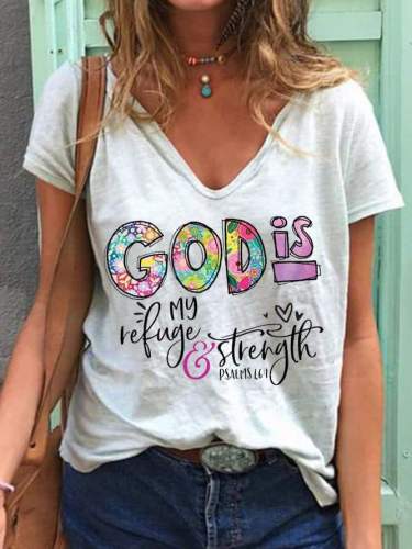 God Is My Refuge Strength V-neck Tee Top Women Letter Print T-shirt