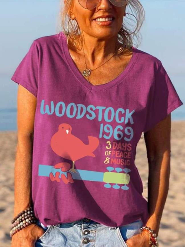 Hippie Music Festival Bird Printed V-neck T-shirt