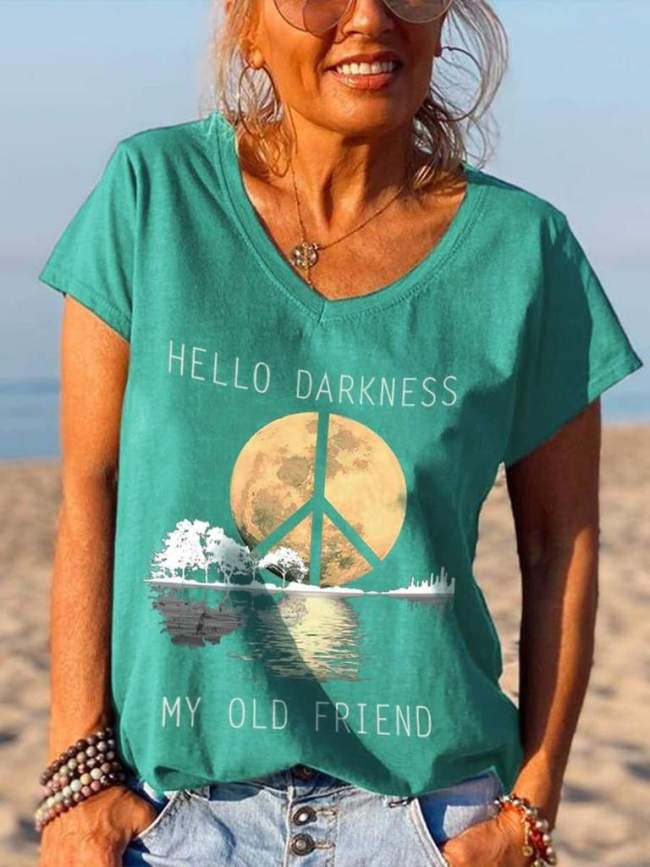 Hello Darkness My Old Friend Peace Logo Print Casual T-shirt