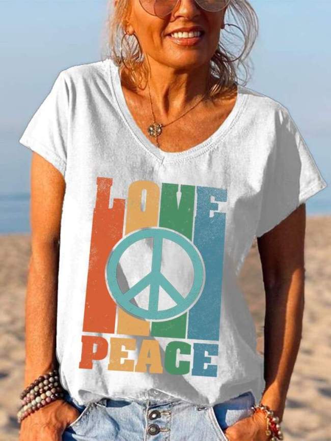 Colorful Love Peace Printed Short-sleeved Graphic Tees