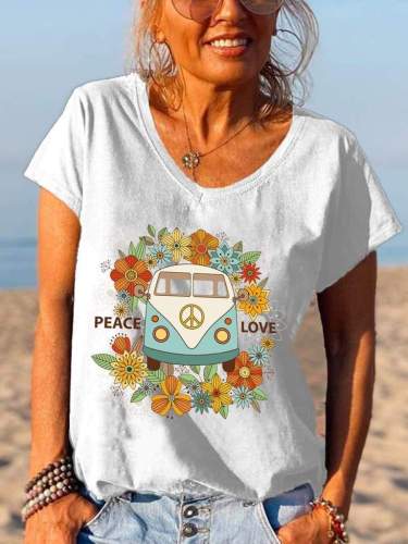 Peace Love Car Floral Printed Ladies Graphic Tees
