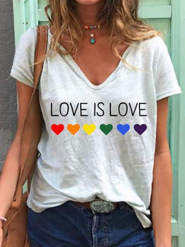 Love Is Love Rainbow Color Heart-shaped Print Tee Top