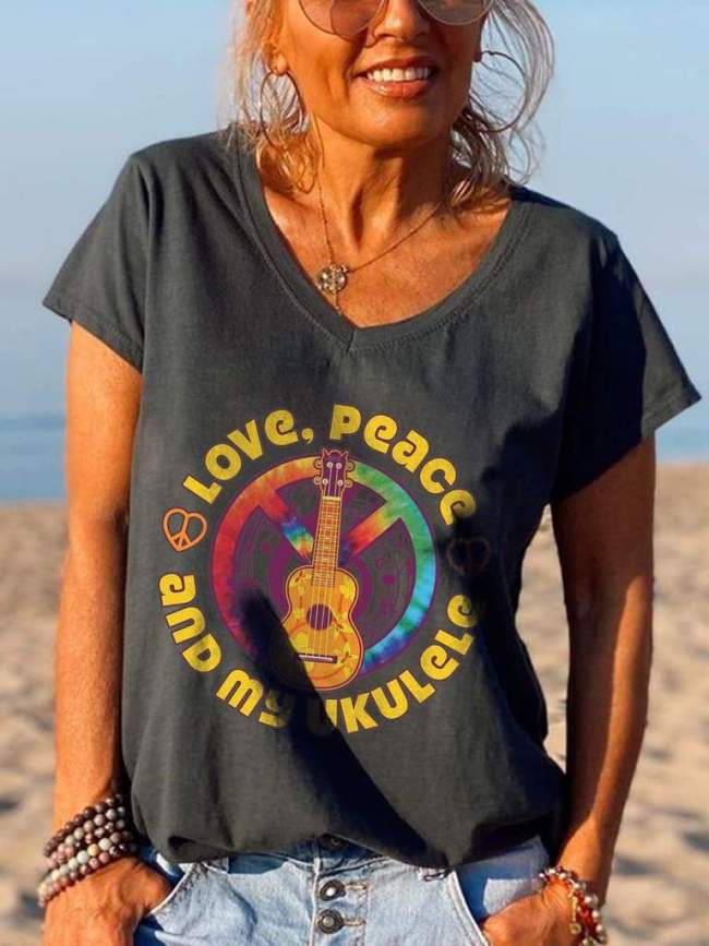 Love Peace And My Ukulele Guitar Graphic Tees