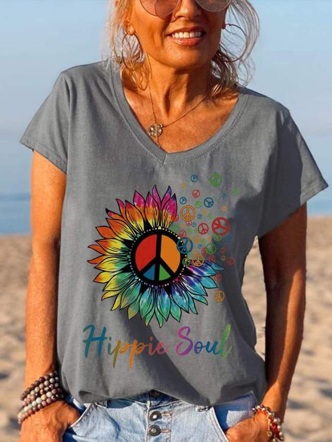 Hippie Soul Peace Flower Women’s V-neck Tees