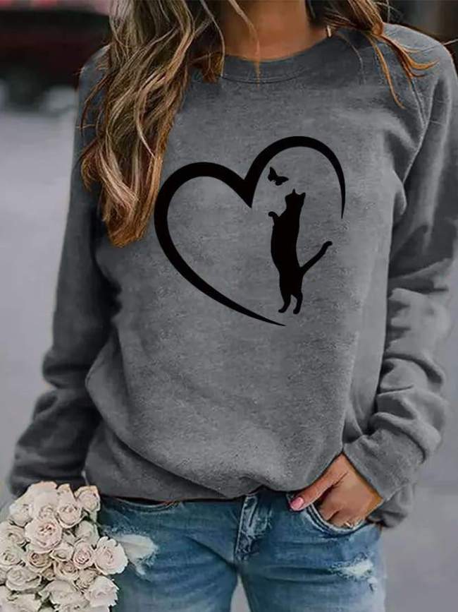 Cat Butterflies Love Print Simple Style Crew Neck Sweatshirt