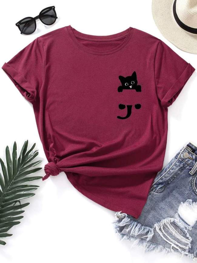 Funny Cat Graphic Short-Sleeve Tee Women Round Neck Letter T-shirt