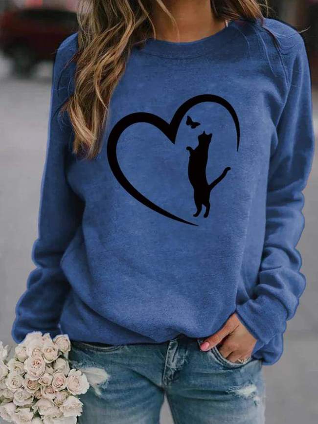 Cat Butterflies Love Print Simple Style Crew Neck Sweatshirt