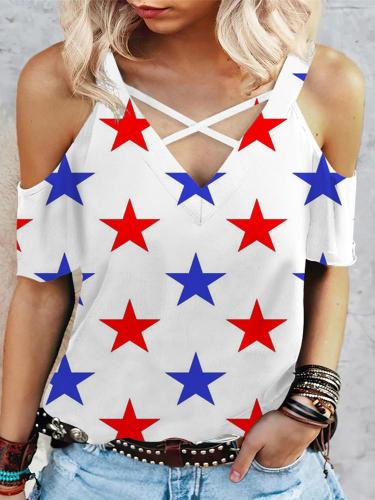American Frag Printed Off-shoulder Criss Cross V Neck Short Sleeve Casual T-shirts