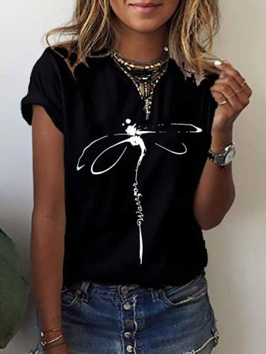 Dragonfly Print Round Neck Tee Top T-shirt