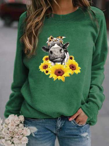 Sunflower Cow Print Simple Style Crew Neck Sweatshirt