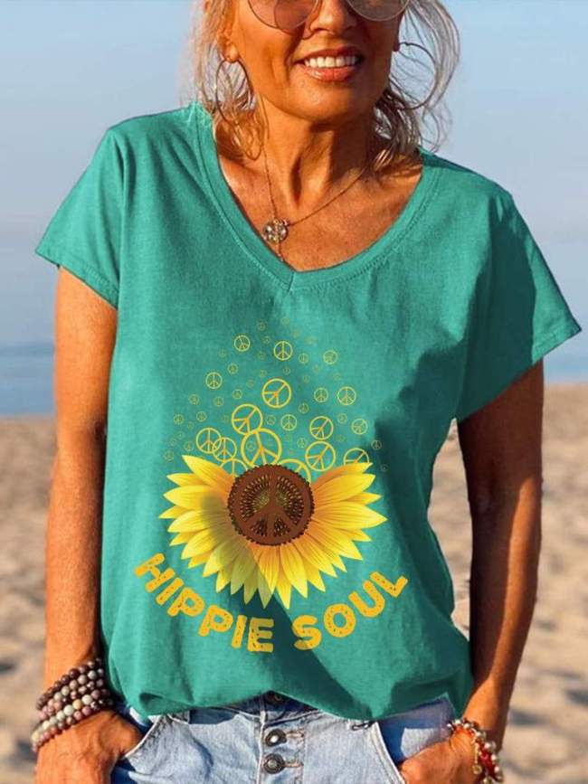 Hippie Soul Sunflowers Peace Logo Print V-Neck Tees