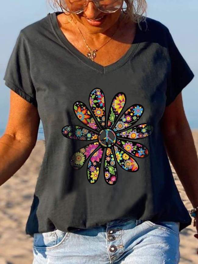 Peace Floral Print Women’s V-neck Tees