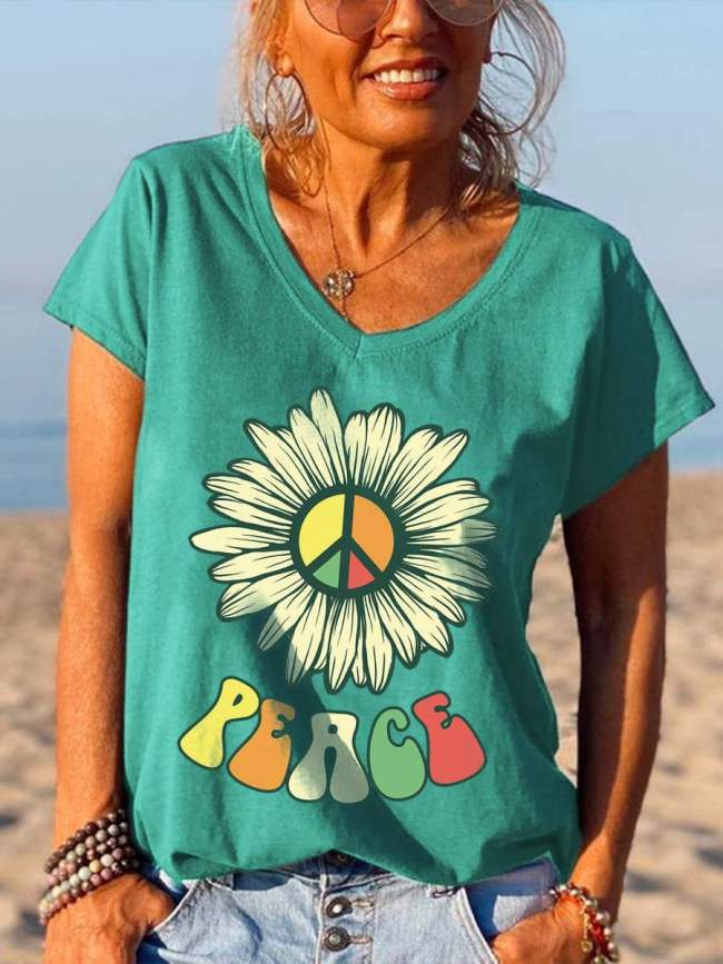 Peace Logo Flower Print V-Neck Tees