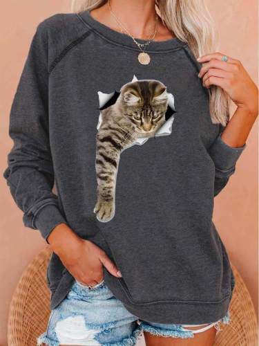 Cute Cat Print Casual Raglan Sleeves Sweatshirt