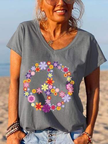 Love And Peace Flower Hippie Print Graphic Tees