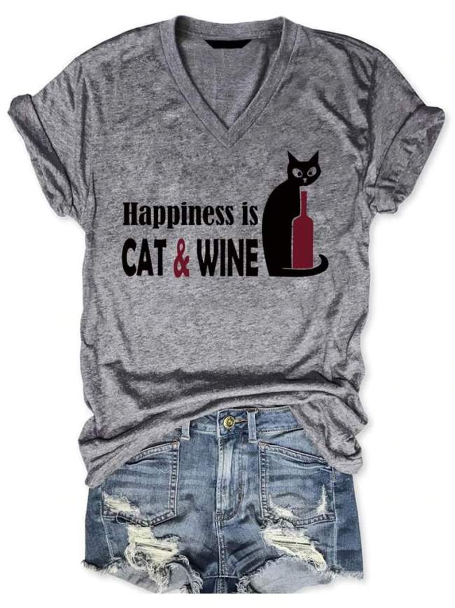 Happiness Is Cat And Wine V-Neck T-Shirt