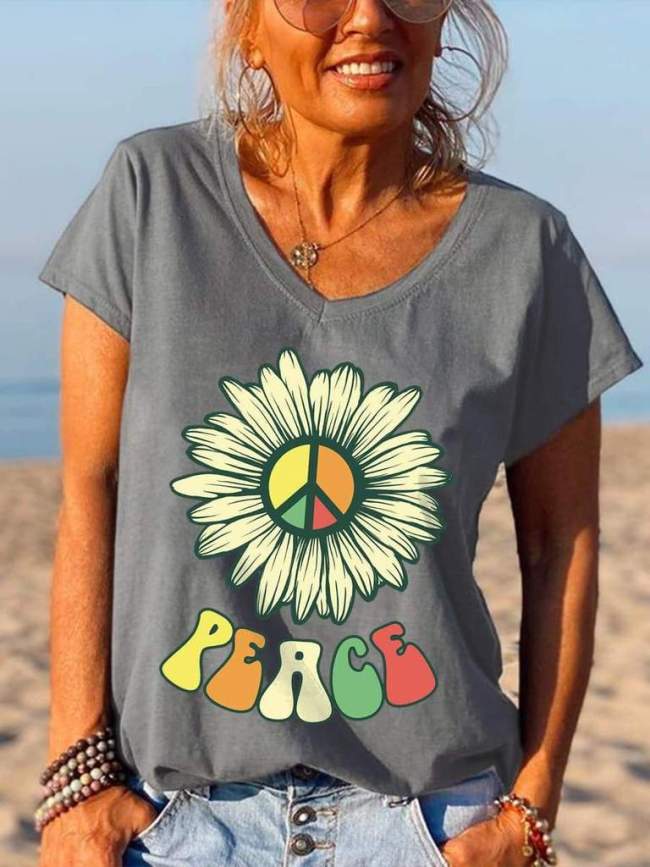 Peace Logo Flower Print V-Neck Tees