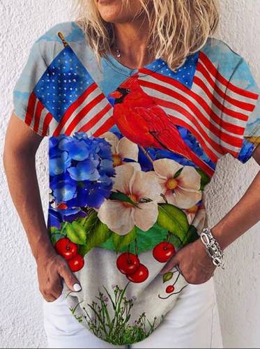 Independence Day Floral Birds Print T-Shirt