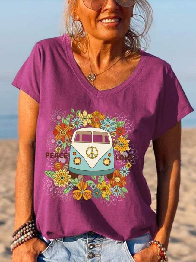 Peace Love Car Floral Printed Ladies Graphic Tees