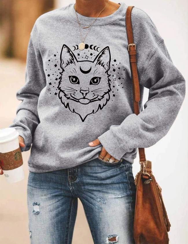 Moon Cat Print Women's Long Sleeve Casual Sweatshirt