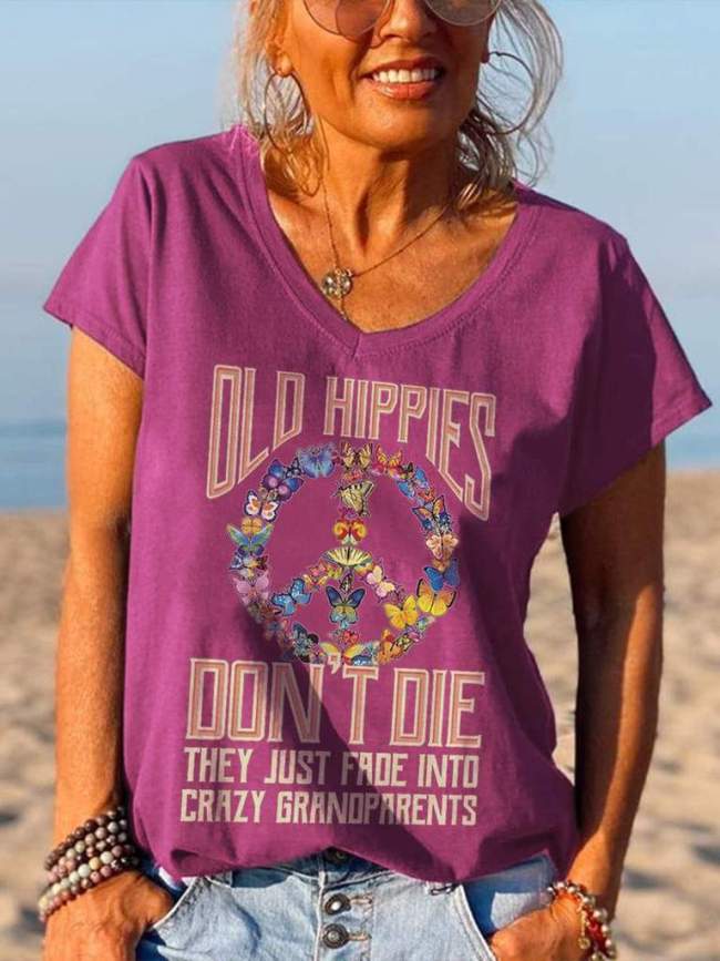 Butterflies Peace Old Hippies Don't Die V-neck Graphic Tees