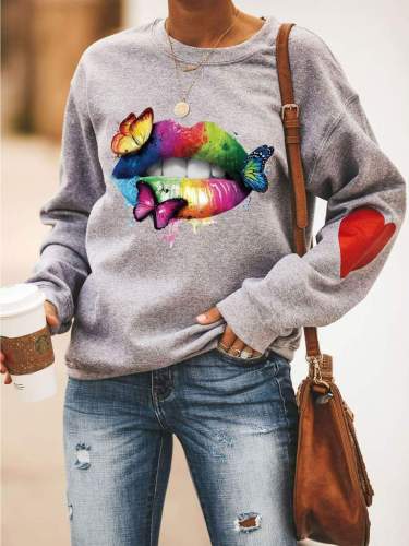 Butterfly Kiss Lips Print Casual Sweatshirt