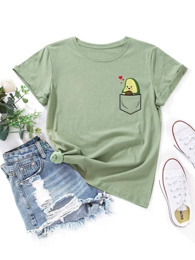 Funny Avocado Pattern Graphic Tee Women Round Neck Letter T-shirt