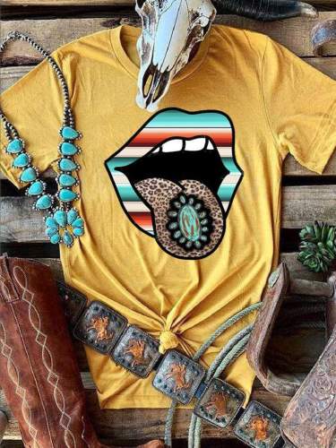 Western Vintage Turquoise Leopard Tongue Print Tee