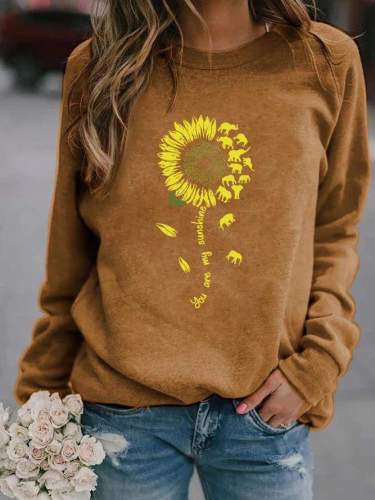 You Are My Sunshine Elephant Sunflower Print Simple Style Crew Neck Sweatshirt