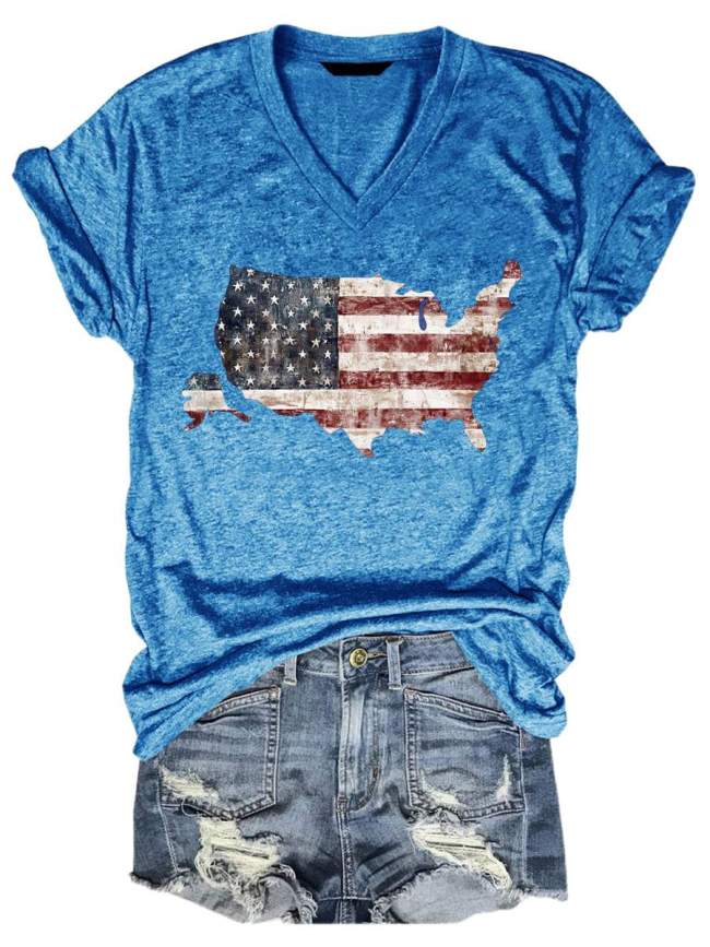 American Flag Map Tee Women Casual Short Sleeve V Neck T-shirt