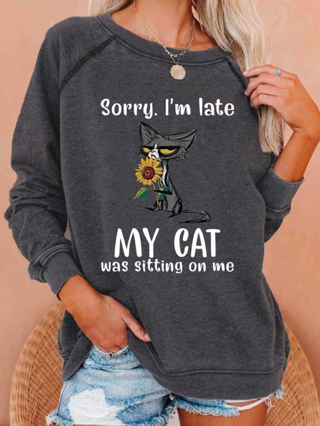 Black Cat Hug Sunflower Letter Print Casual Raglan Sleeves Sweatshirt