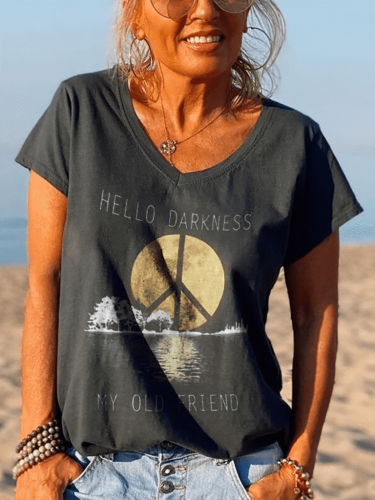 Hello Darkness My Old Friend Peace Logo Print Casual T-shirt