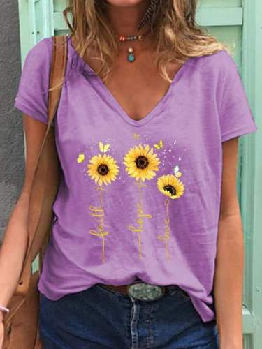 Faith Hope Love Sunflower V-neck Tee Top Women Letter Print T-shirt