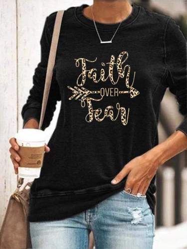 Faith Over Fear Leopard Print Casual Sweatshirt